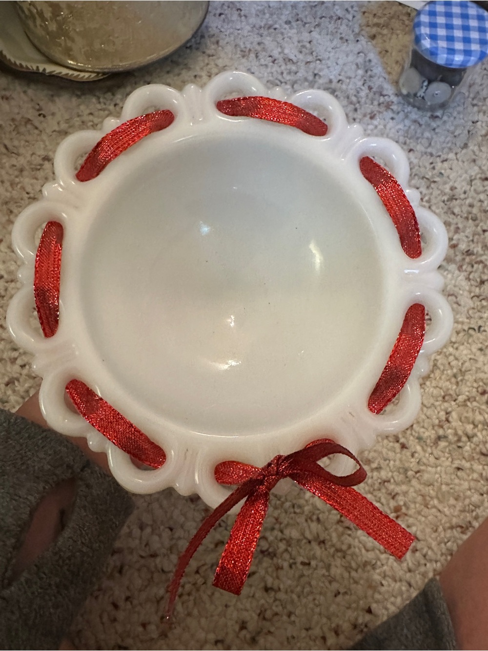 Vintage Milk Glass Pedestal Bowl with Red Ribbon Accents